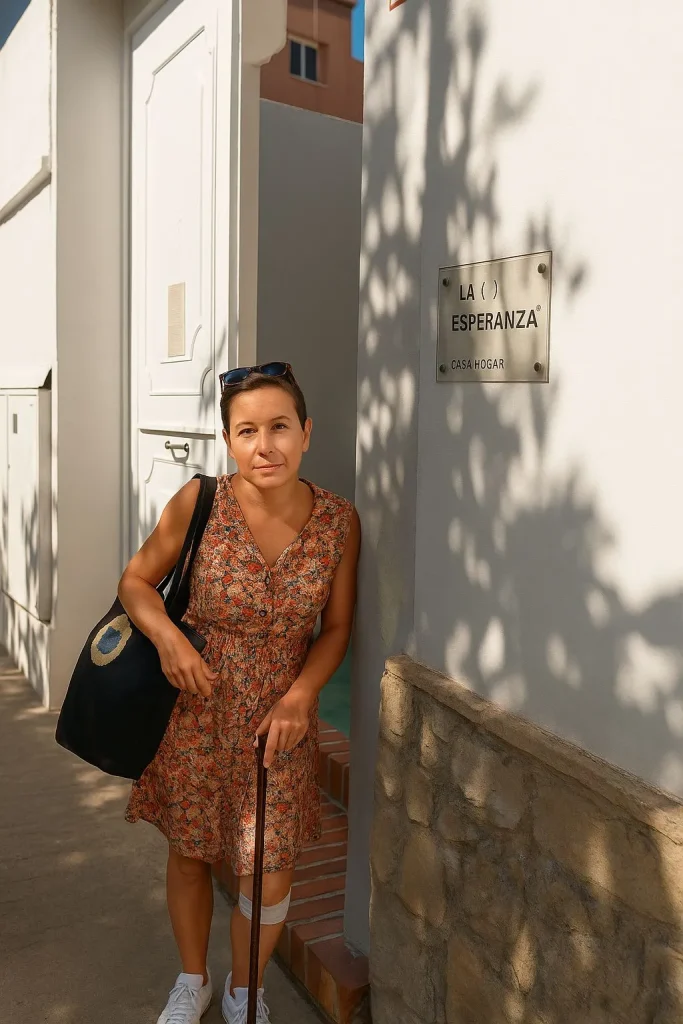 mujer posando junto al cartel de la entrada de la casa hogar la esperanza en un dia soleado