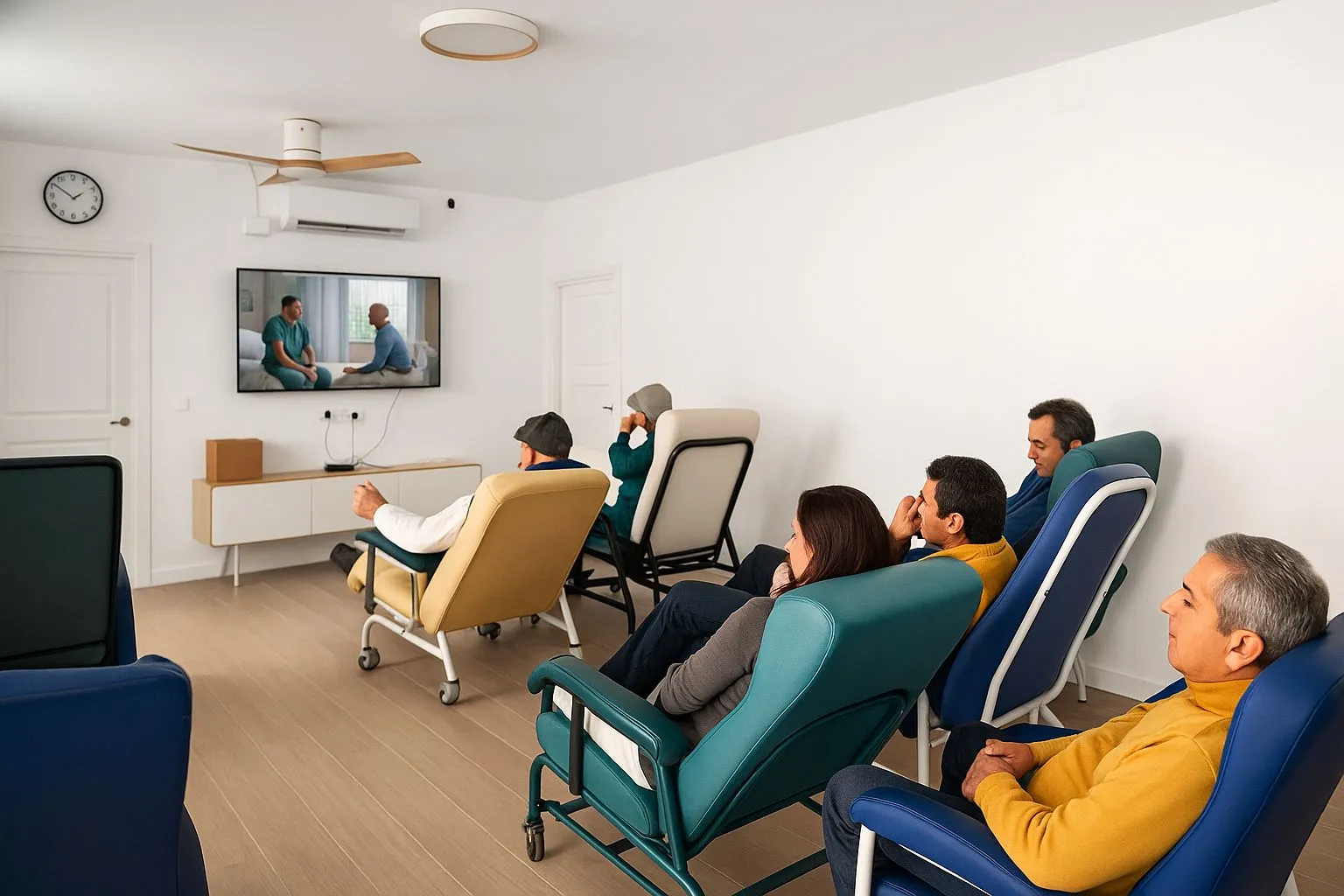 residentes descansando en sillones adaptados en la sala de estar con television de la casa hogar la esperanza